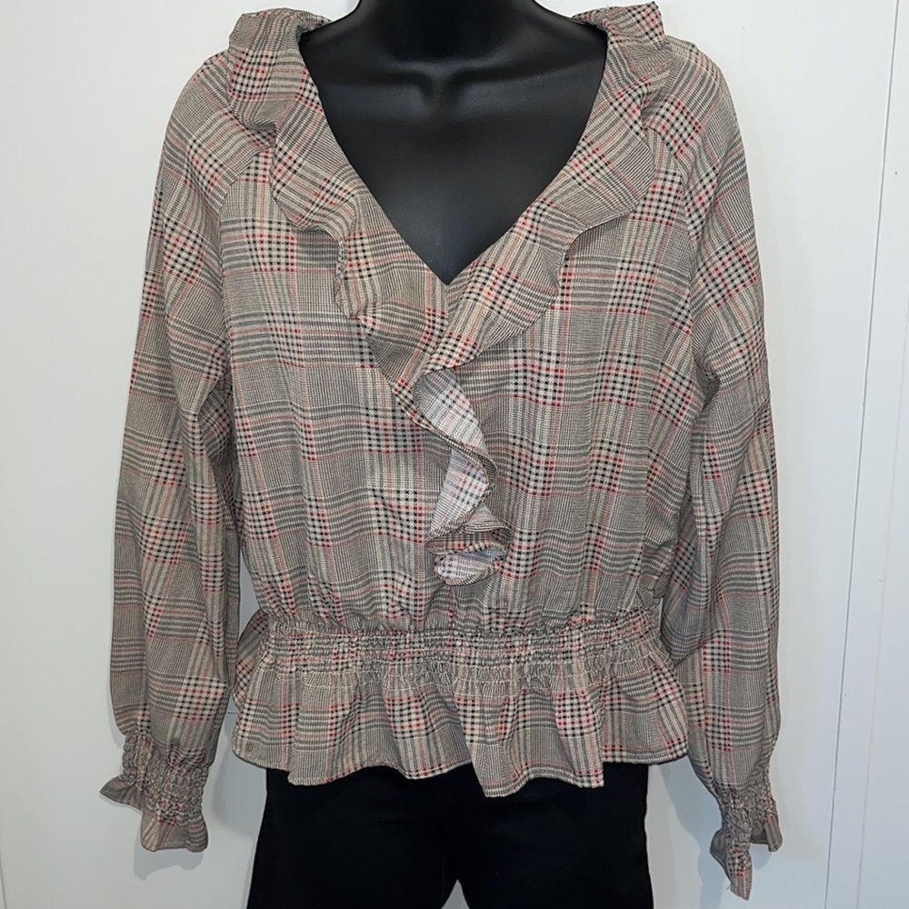 Plaid V-Neck Blouse with Ruffles
